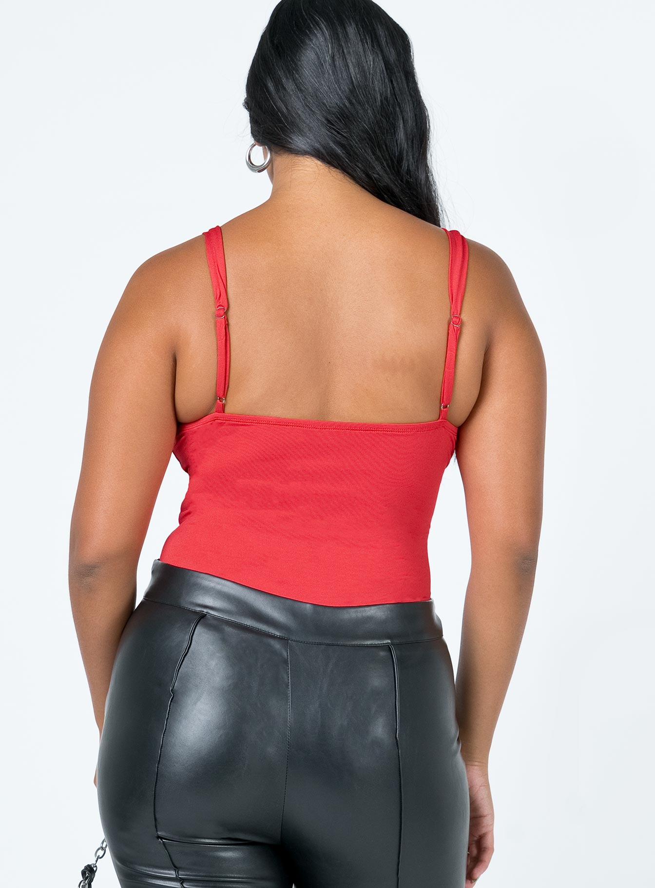 back view of model wearing Princess Polly Peyton Bodysuit Red Sleeveless Sweetheart 