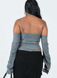 Top Cupro material Cold shoulder design Adjustable shoulder straps Fixed sleeves at side Invisible zip fastening at side Split hem