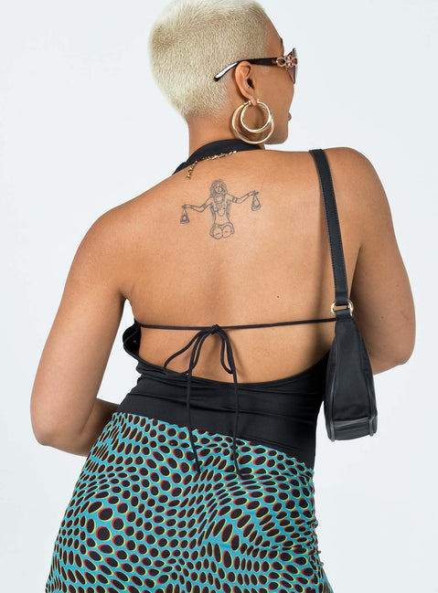back view of model wearing Princess Polly Kayley Bodysuit Black Sleeveless Cowl 