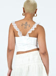 White top Cotton Embroidered detailing Square neckline Elasticated lace straps Hook & eye fastening at front