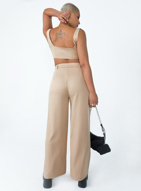 Matching set Pinstripe print  Crop top Invisible zip fastening at side High waisted pants Wide leg Belt loops at waist Zip & button fastening Lined top