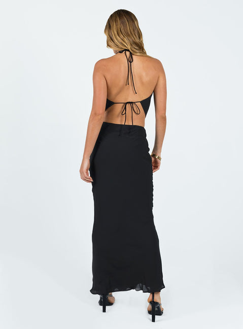 Two piece set Halter top Cowl neck Open back Tie fastening at neck & back Maxi skirt Invisible zip fastening at side Non-stretch  Fully lined 