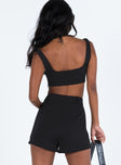 Black matching set Crop top Fixed straps Invisible zip fasting at side High waisted shorts Belt loops at waist Zip and button fastening Sutble pleats at waist Twin hip pockets Non stretch  Lined top