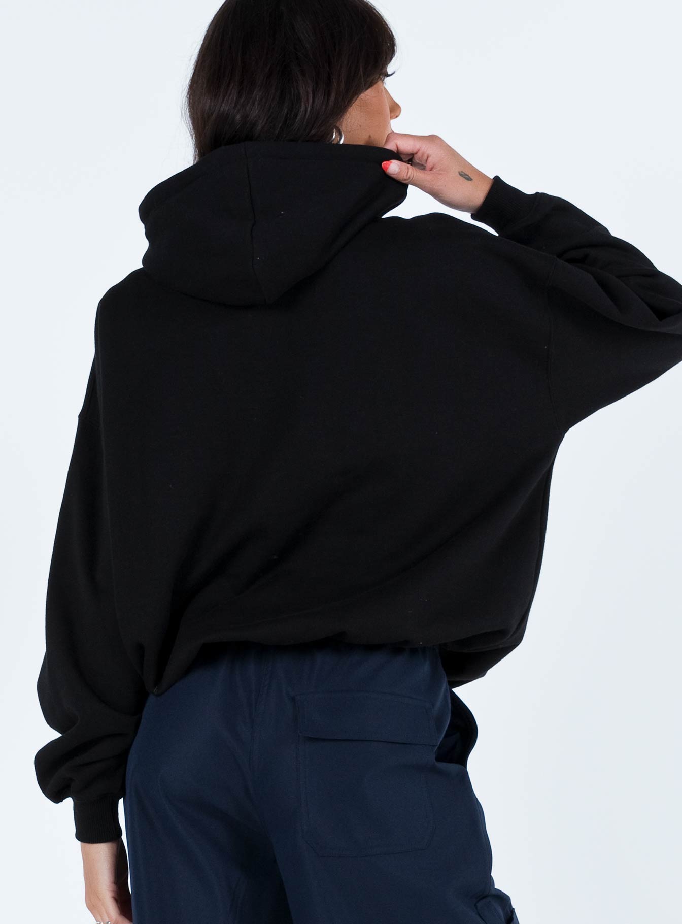 back view of model wearing Princess Polly Ritu Oversized Hoodie Black 