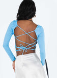 Blue long sleeve top Sweetheart neckline Ruching throughout Exposed back Lace-up with tie fastening Good stretch Partially lined