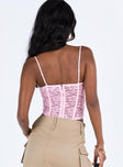 Pink crop top Mesh material Adjustable shoulder straps  Sweetheart neckline Ruched design at bust Wired cups Boning throughout Zip fastening at back Good stretch Lined bust