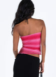 Strapless top Mesh material Graphic print Inner silicone strip at bust Asymmetrical hem Good stretch Fully lined 