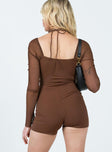 Long sleeve romper Ruched bust Wired cups Halter neck tie fastening Sheer mesh sleeves
