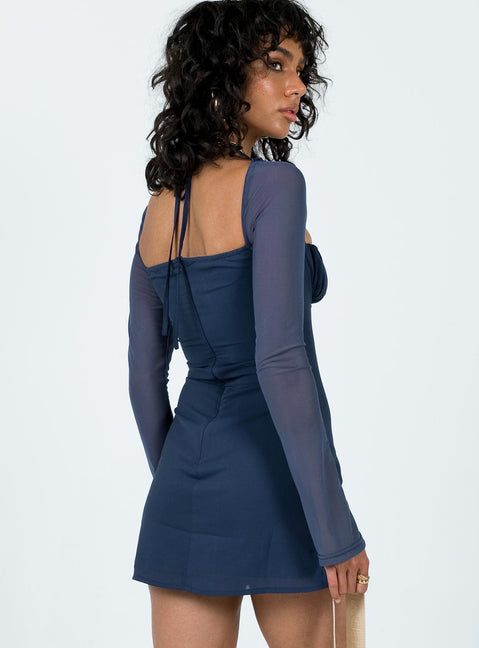 sheer panelled long sleeve mini dress in steel blue Moonrising Long Sleeve Sheer Blouson Mini Dress | Blue | Womens