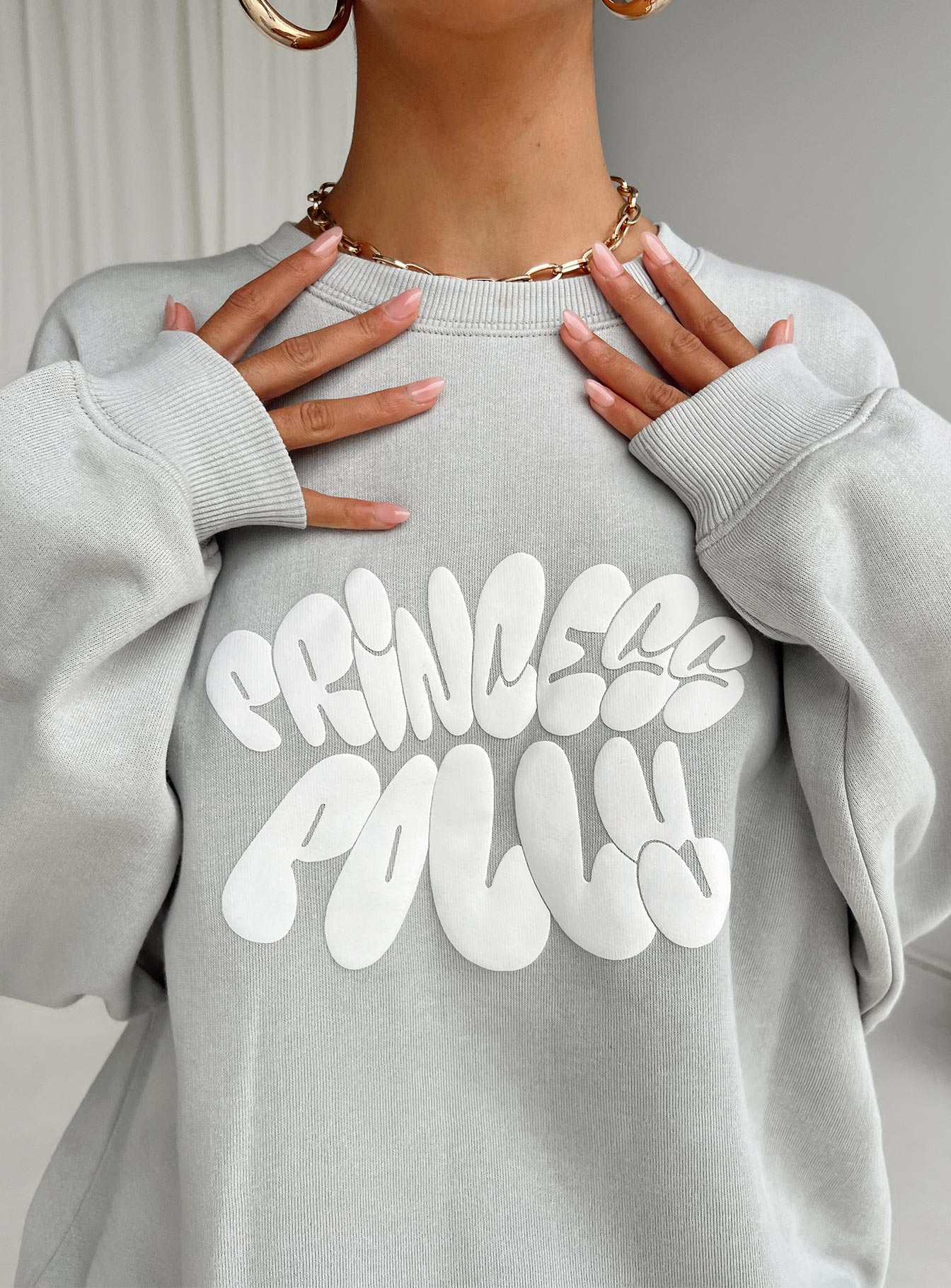 Princess Polly Crew Neck Sweatshirt Bubble Text Grey / Cloud