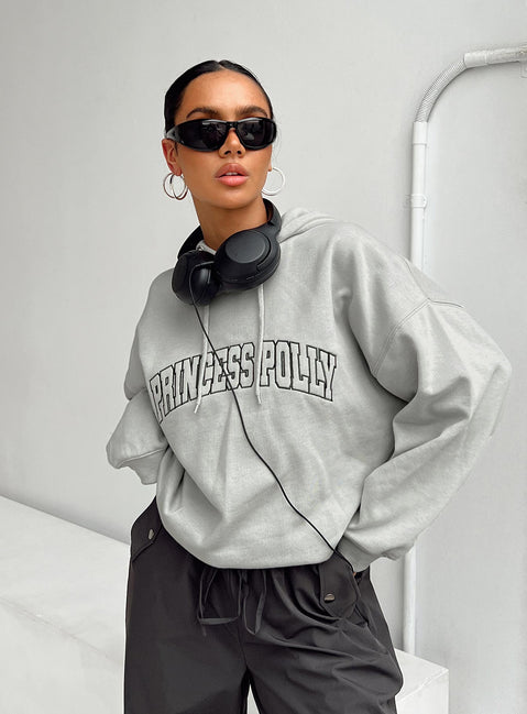 front view of model wearing Princess Polly Princess Polly Hooded Sweatshirt Collegiate Text Grey / Green 