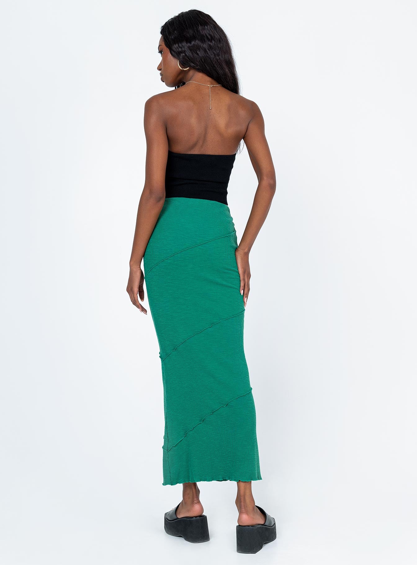 back view of model wearing Princess Polly Oscar Maxi Skirt Forest Green 