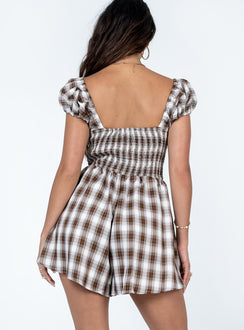 Romper Plaid print  Elasticated shoulder straps  Puff sleeves  Adjustable tie at bust 