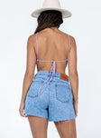 Blue denim jeans Mid wash denim Zip & button fastening Classic five pocket design Belt looped waist Ripped hem Branded patch on back