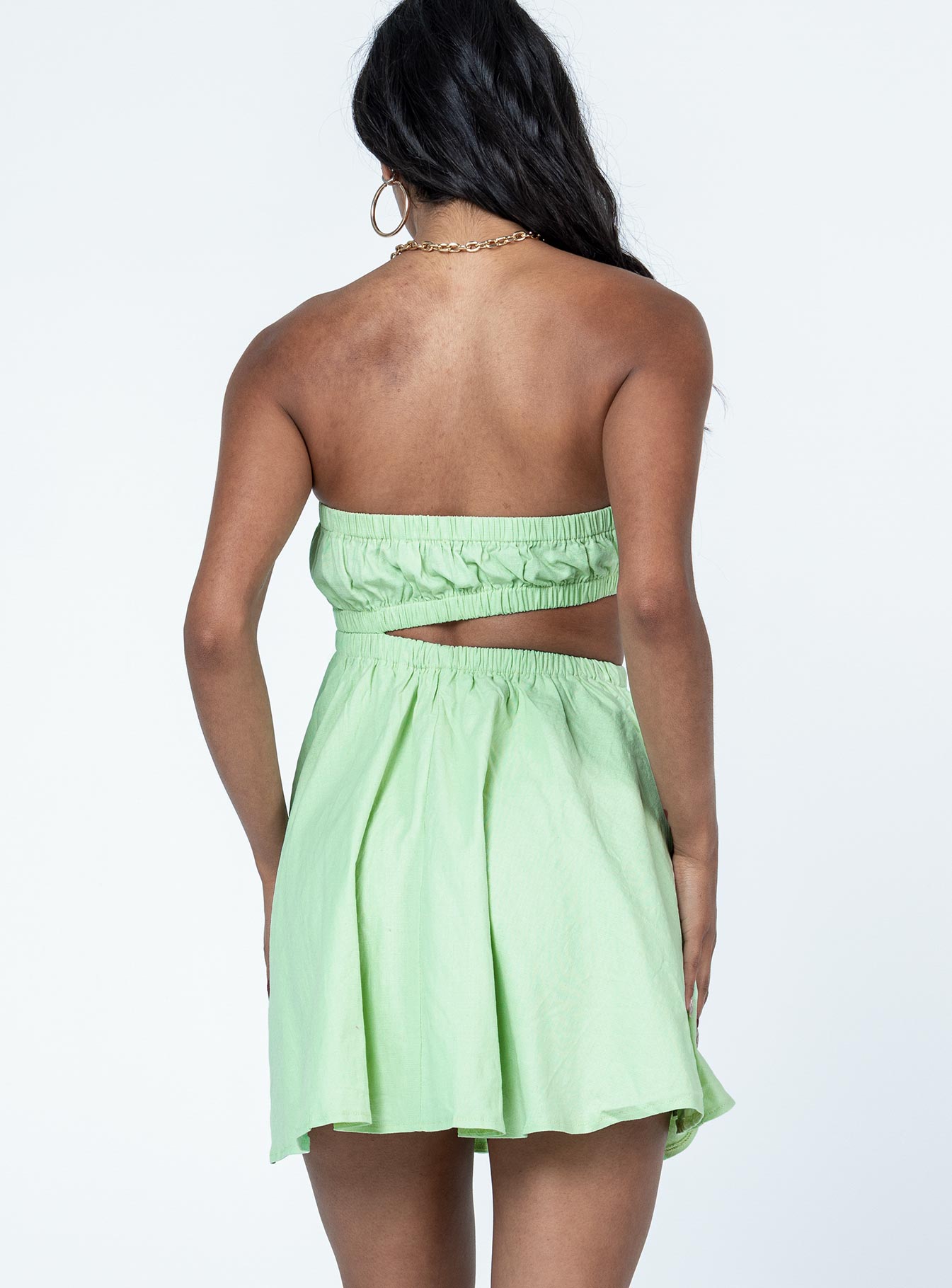 back view of model wearing Princess Polly Karen Mini Dress Sage Green Square Neck 