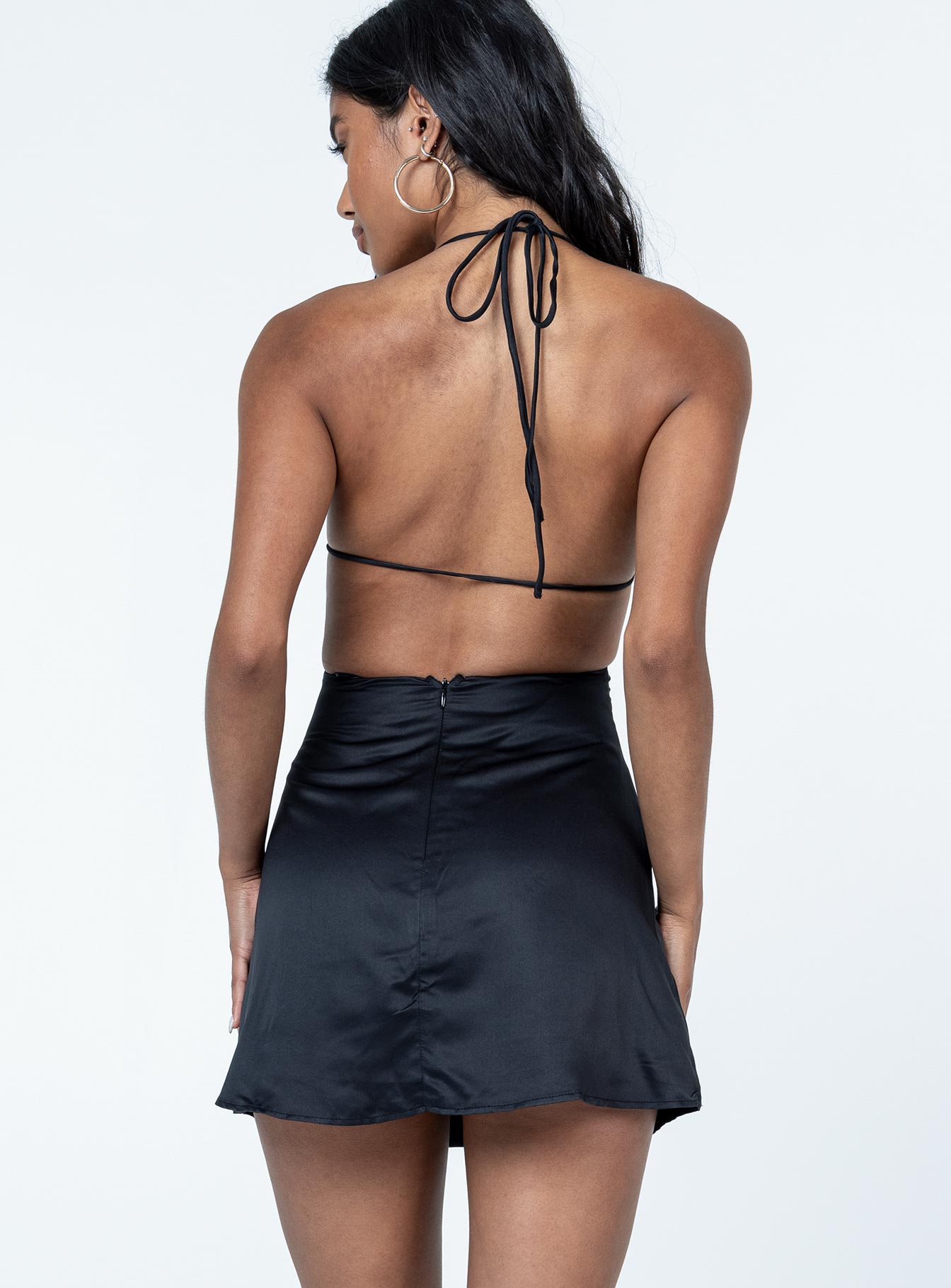 back view of model wearing Princess Polly Lexie Mini Dress Black Plunger 