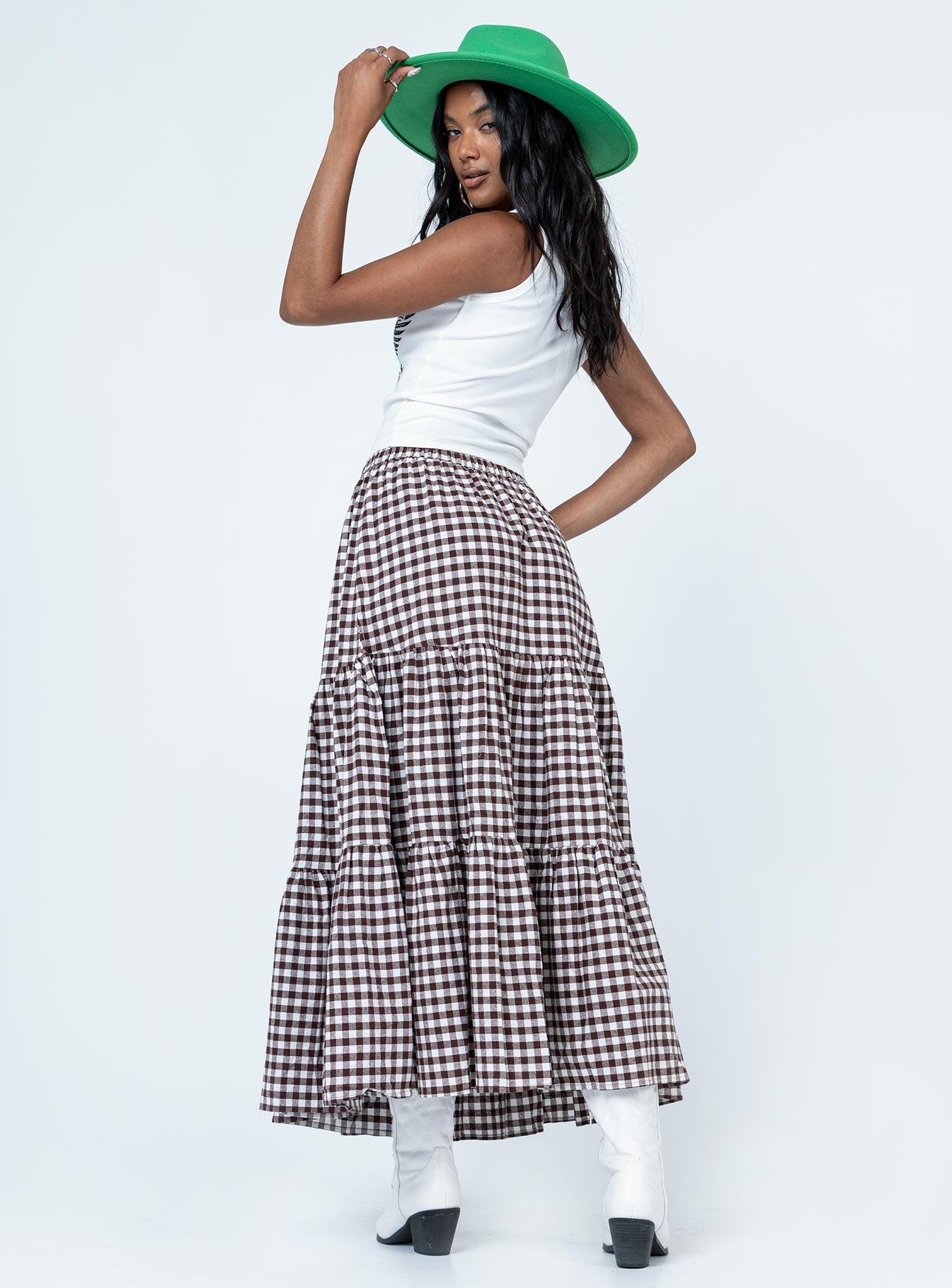 back view of model wearing Princess Polly Hale Midi Skirt Brown Maxi 
