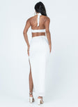 White matching set Crop top  Halter neck tie fastening  Wired bust  High waisted midi skirt  Elasticated waistband  High side slit  Good stretch  Fully lined 