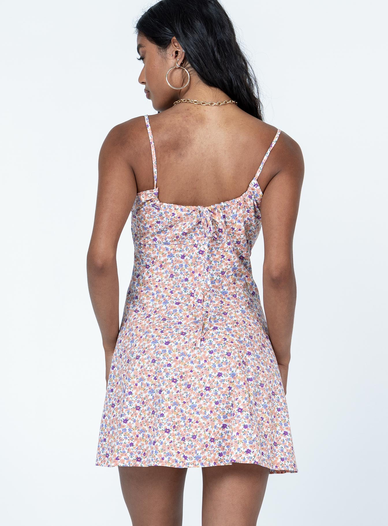 back view of model wearing Princess Polly Season Of Love Mini Dress Orange Square Neck 