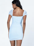 back view of model wearing Princess Polly Charvi Mini Dress Blue Square Neck 