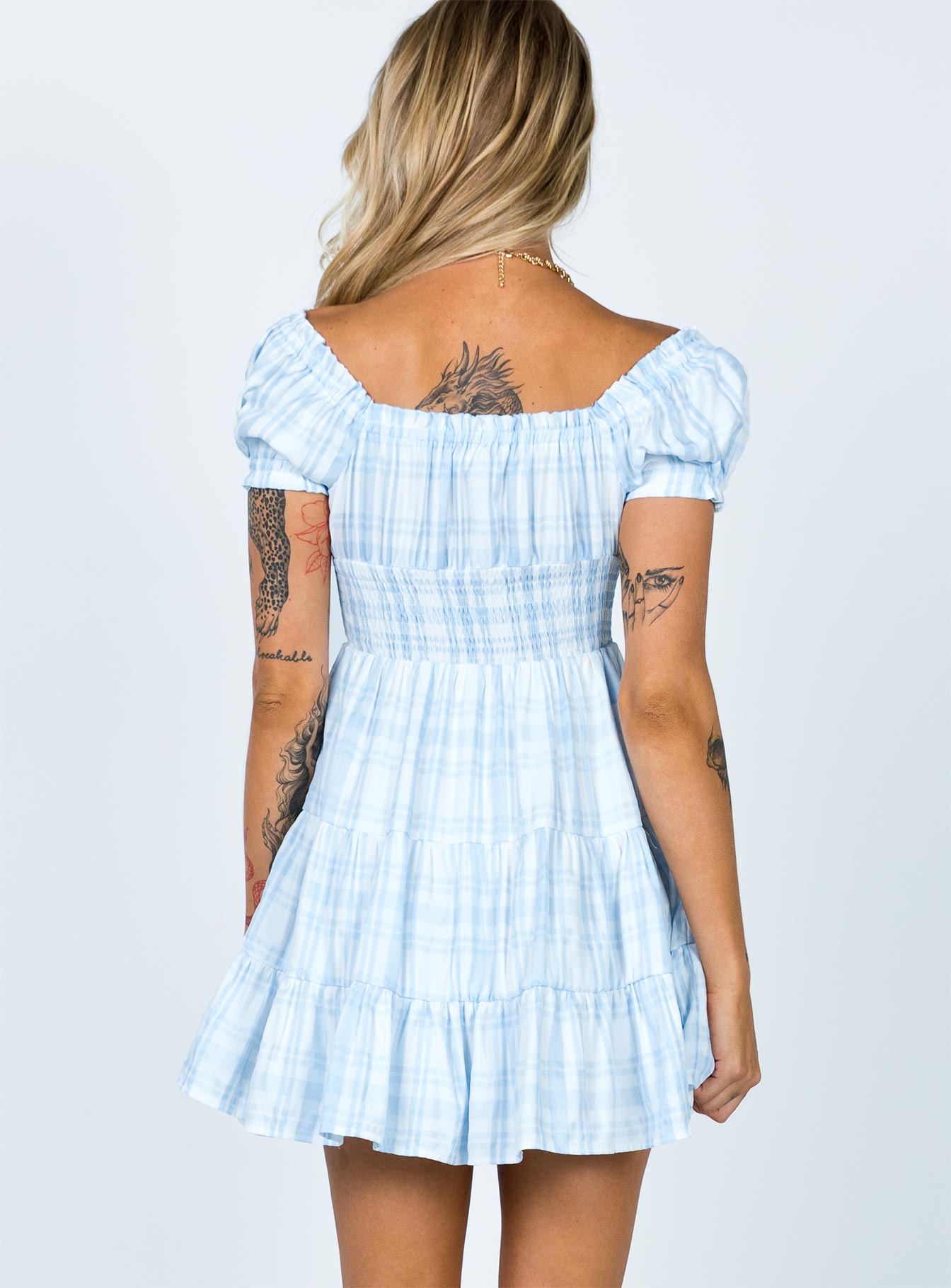 back view of model wearing Princess Polly Daniela Mini Dress Blue Check 