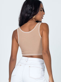back view of model wearing Princess Polly Carl Top Beige 