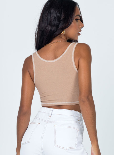 back view of model wearing Princess Polly Carl Top Beige 