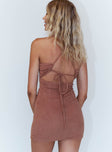 back view of model wearing Princess Polly Brooke Mini Dress Brown 