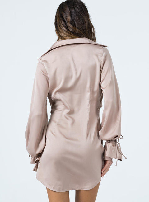 back view of model wearing Princess Polly Liberty Mini Dress Beige 