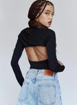 back view of model wearing Princess Polly Lock It Down Bodysuit Black Full Sleeves V-Neck 