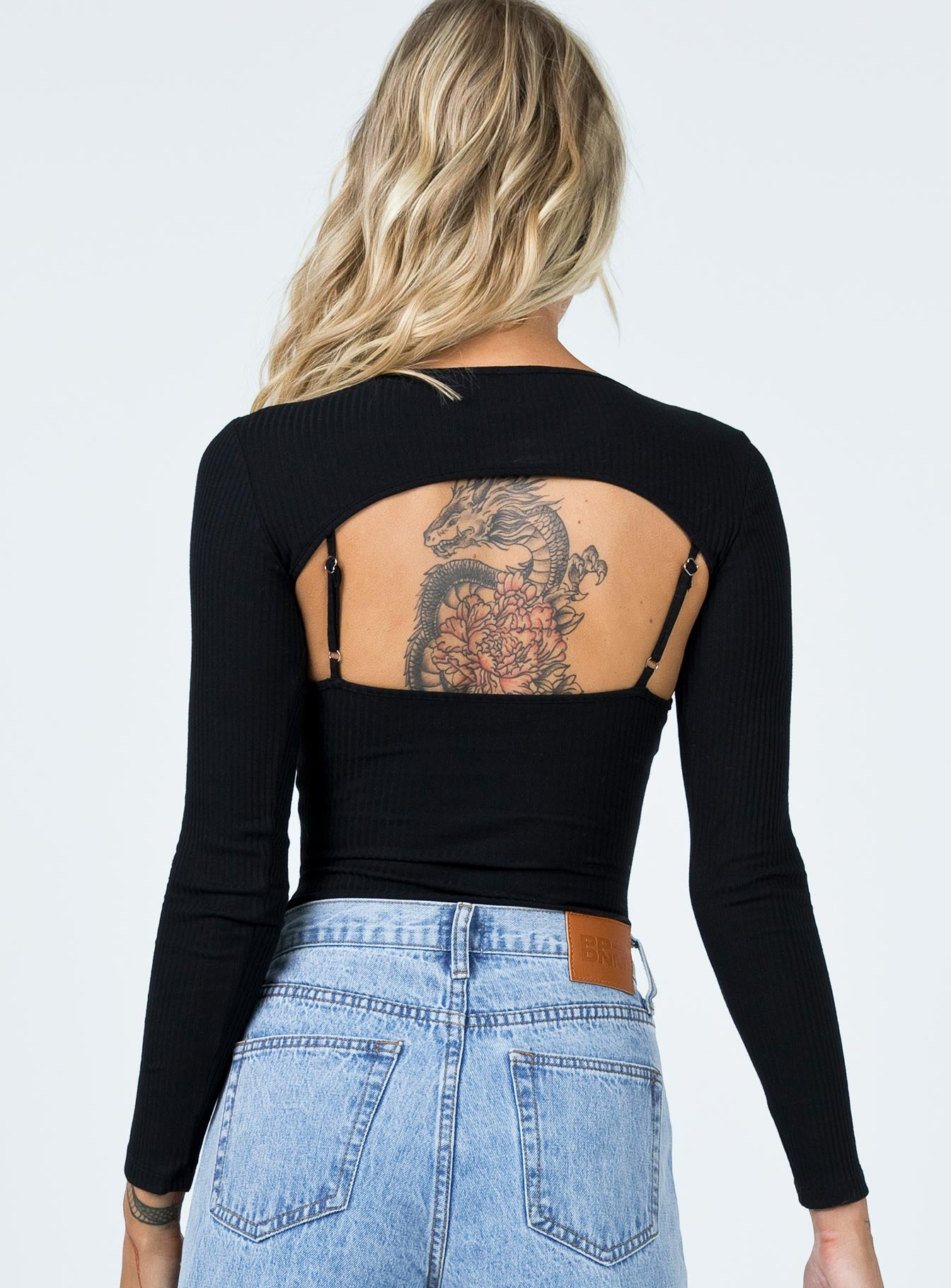 back view of model wearing Princess Polly Calla Long Sleeve Bodysuit Black Full Sleeves Scoop Neck 