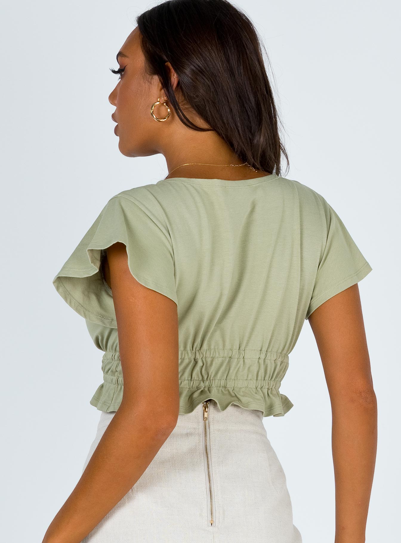 back view of model wearing Princess Polly Jamison Reid Crop Top Khaki 