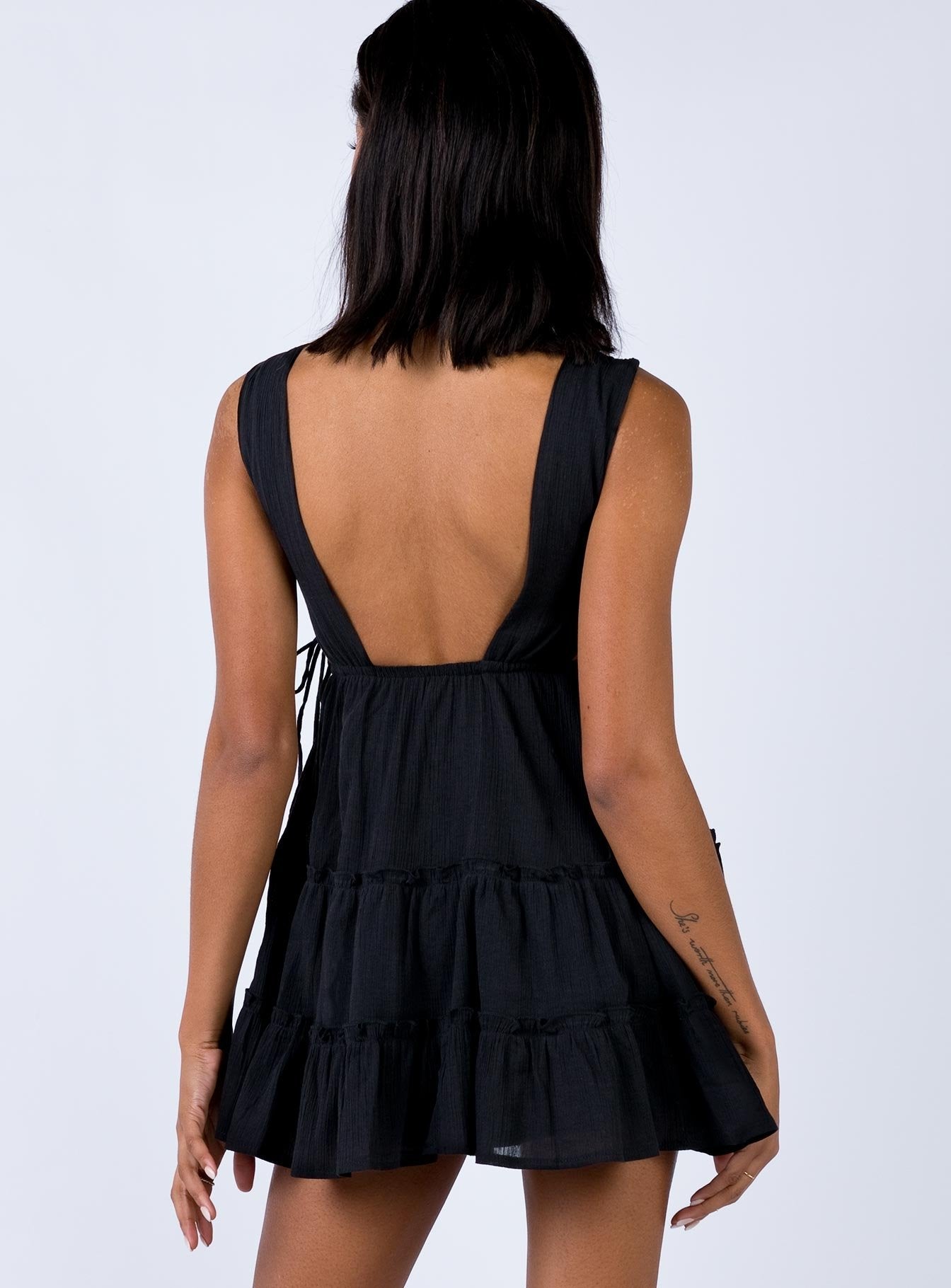 back view of model wearing Princess Polly Krissa Mini Dress Black 