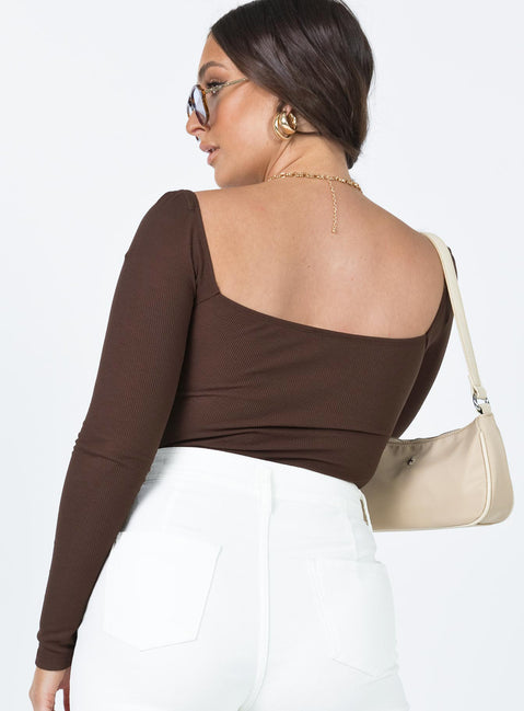 back view of model wearing Princess Polly Charlotte Bodysuit Brown Full Sleeves Square Neck 