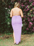 back view of model wearing Princess Polly Lovesick Mesh Ruched Maxi Dress Lilac 