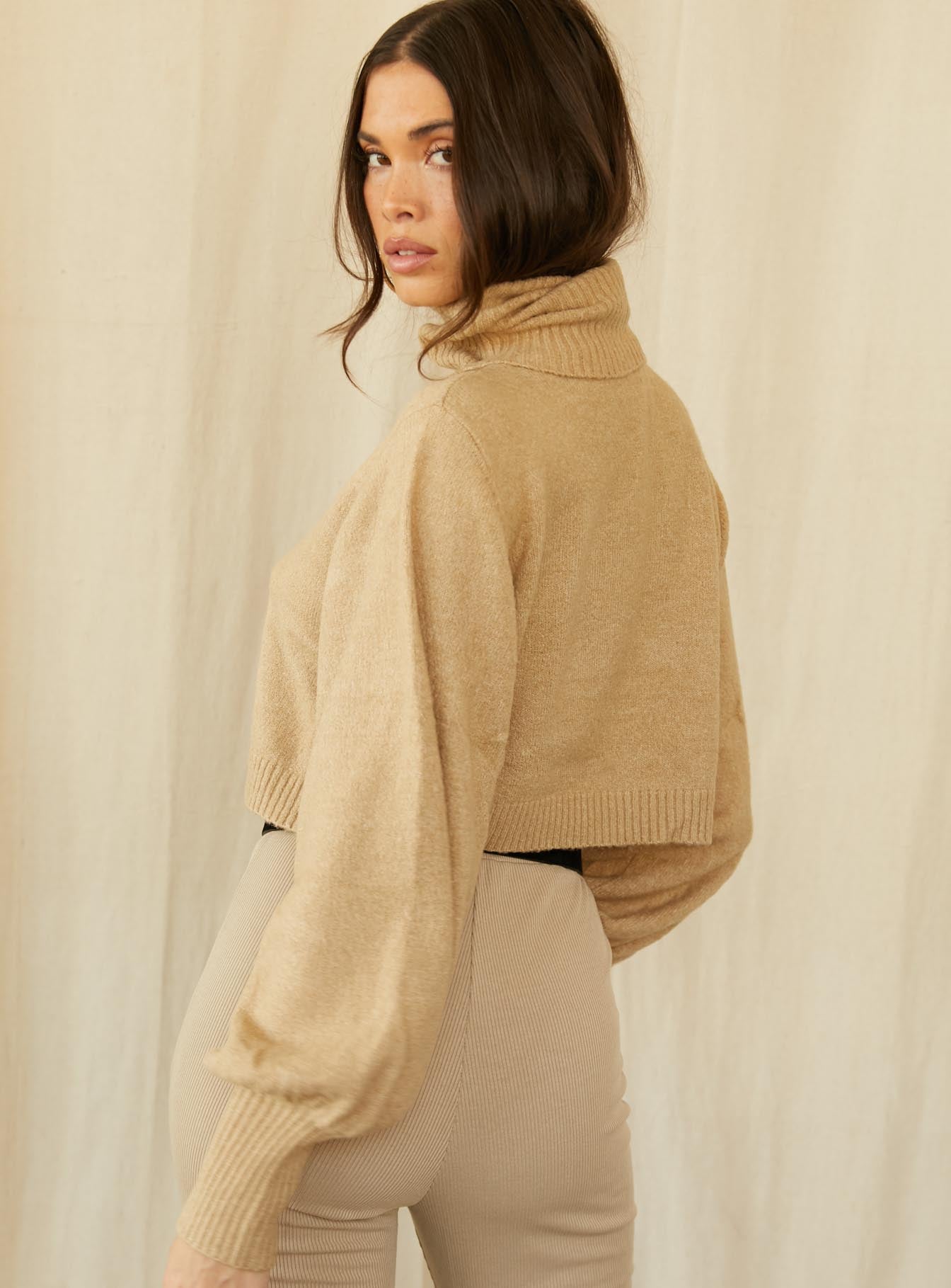 Front view of model wearing  front Zahara Cropped Turtleneck Sweater Beige Princess Polly  Long 