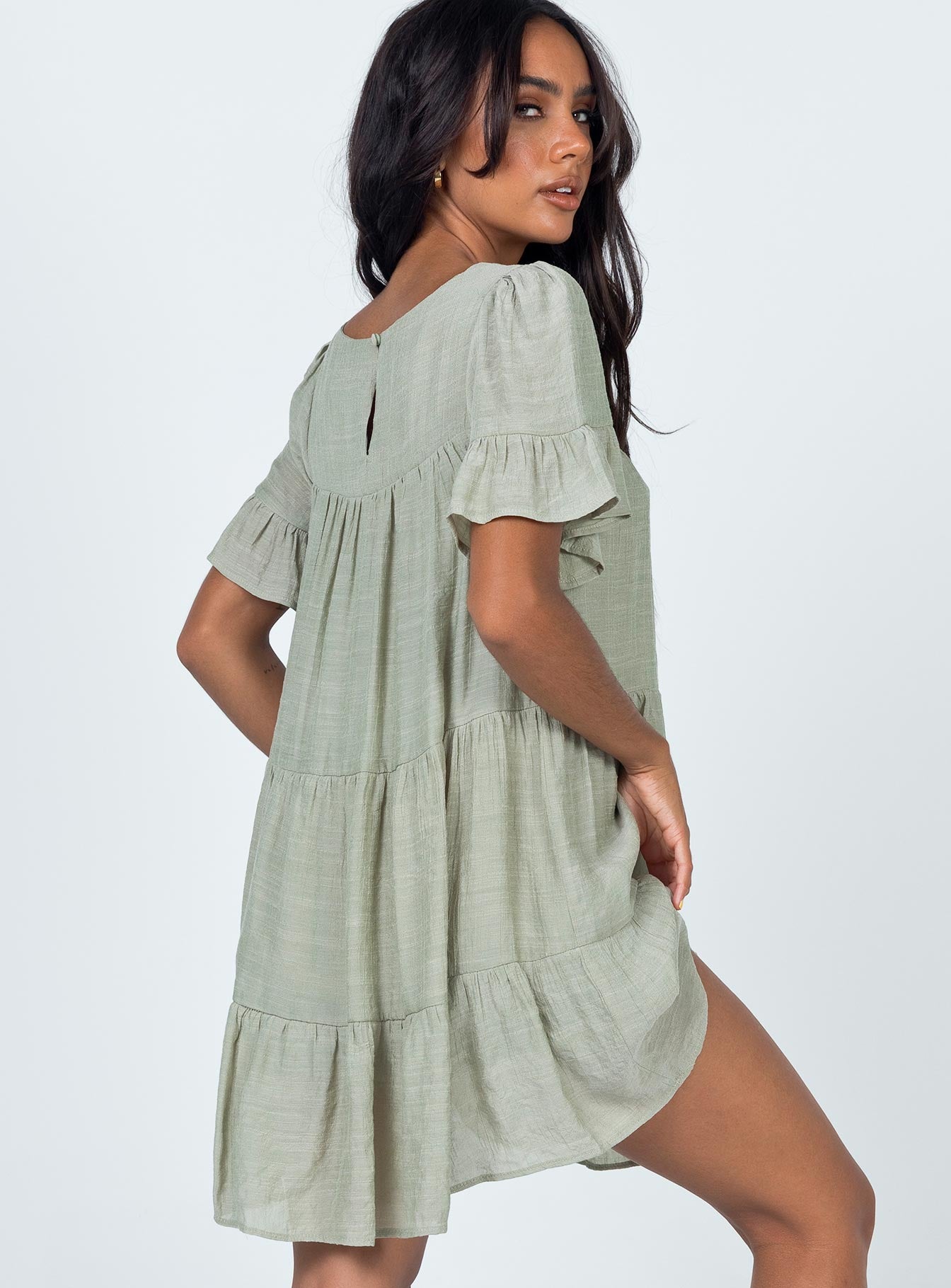 back view of model wearing Princess Polly Miami Mini Dress Sage 