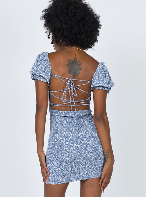 back view of model wearing Princess Polly Cynthia Mini Dress Blue 