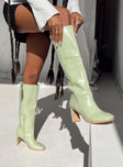Boots Faux croc print  Knee high style  Shaved block heel  Square toe  Padded inside  Exposed zip on inner side 
