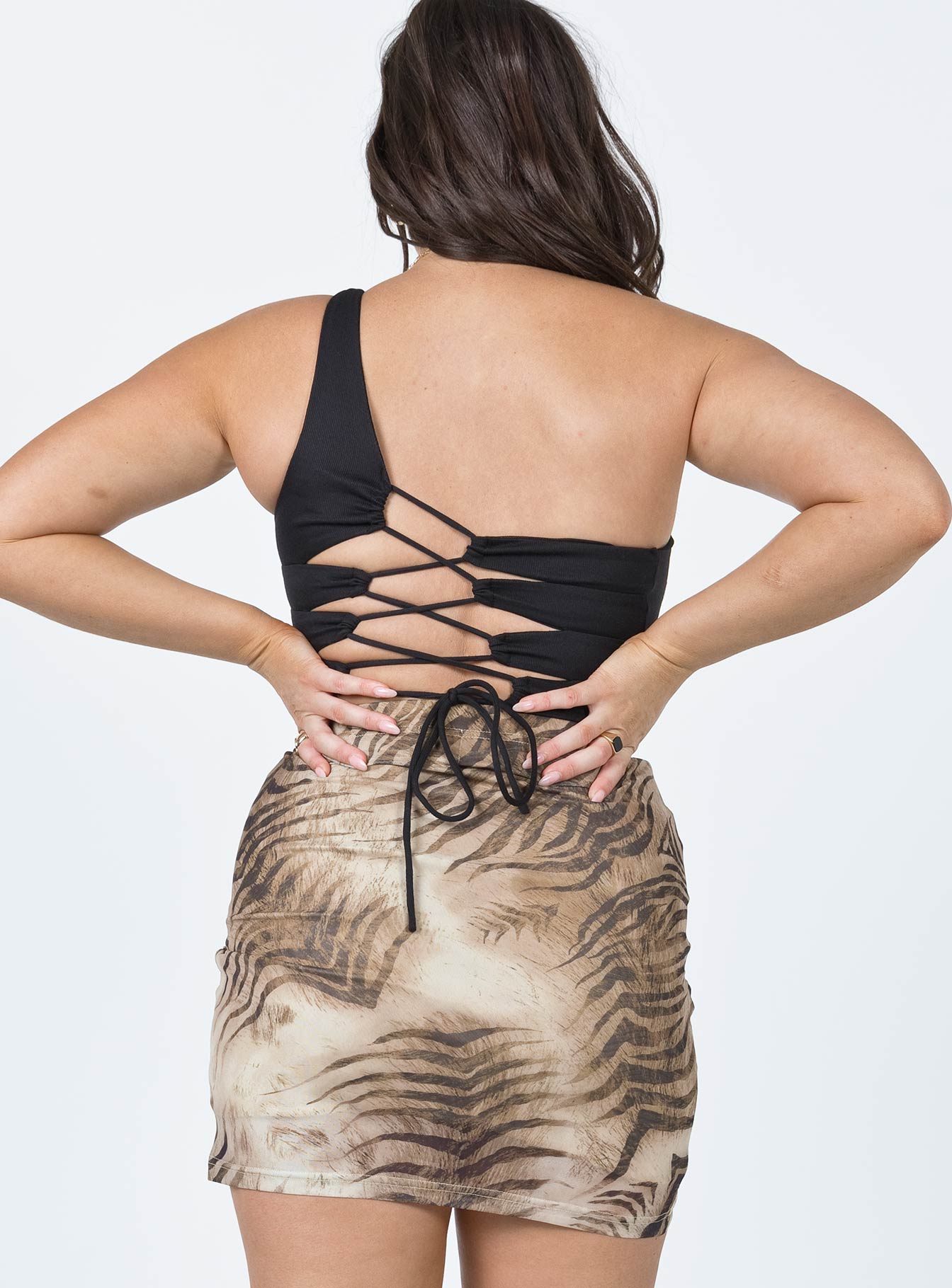 back view of model wearing Princess Polly Motel Plata Skirt Tiger Brown 