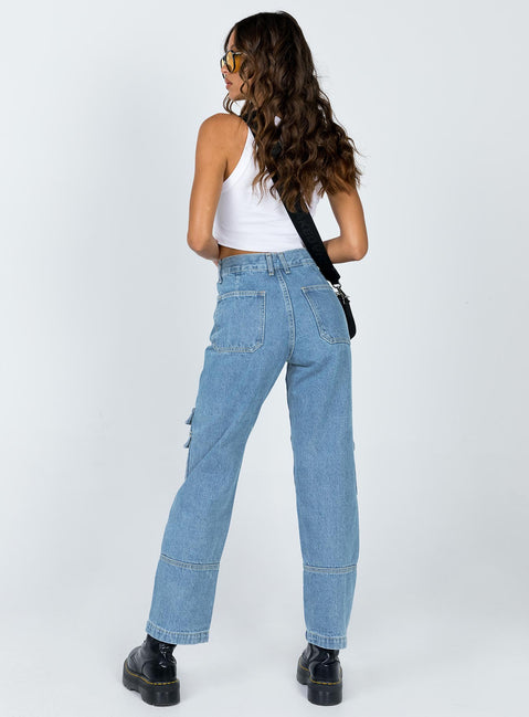 back view of model wearing Princess Polly The Stacey Jeans Denim Blue High Waisted 