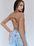 back view of model wearing Princess Polly Calla Long Sleeve Bodysuit Brown Full Sleeves Crew Neck 