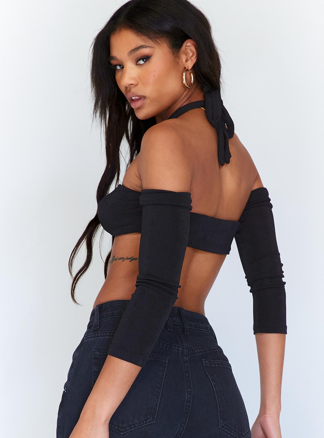 back view of model wearing Princess Polly Soleil Long Sleeve Top Black 