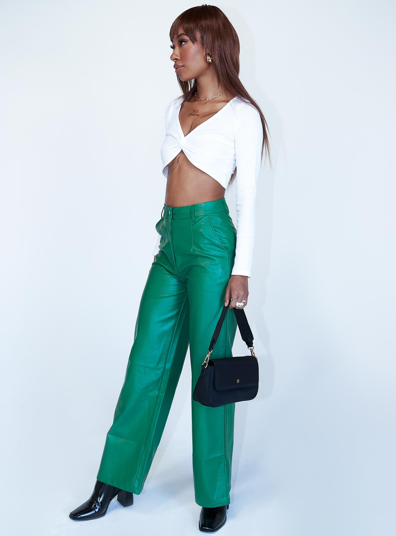 front view of model wearing Princess Polly Suki Pants Green 