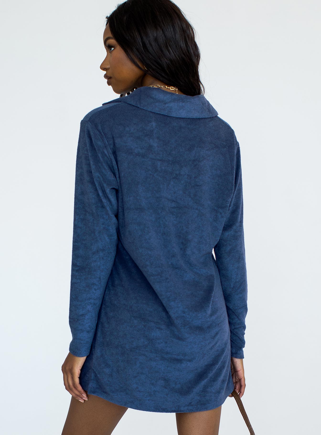 back view of model wearing Princess Polly Farah Mini Dress Navy 