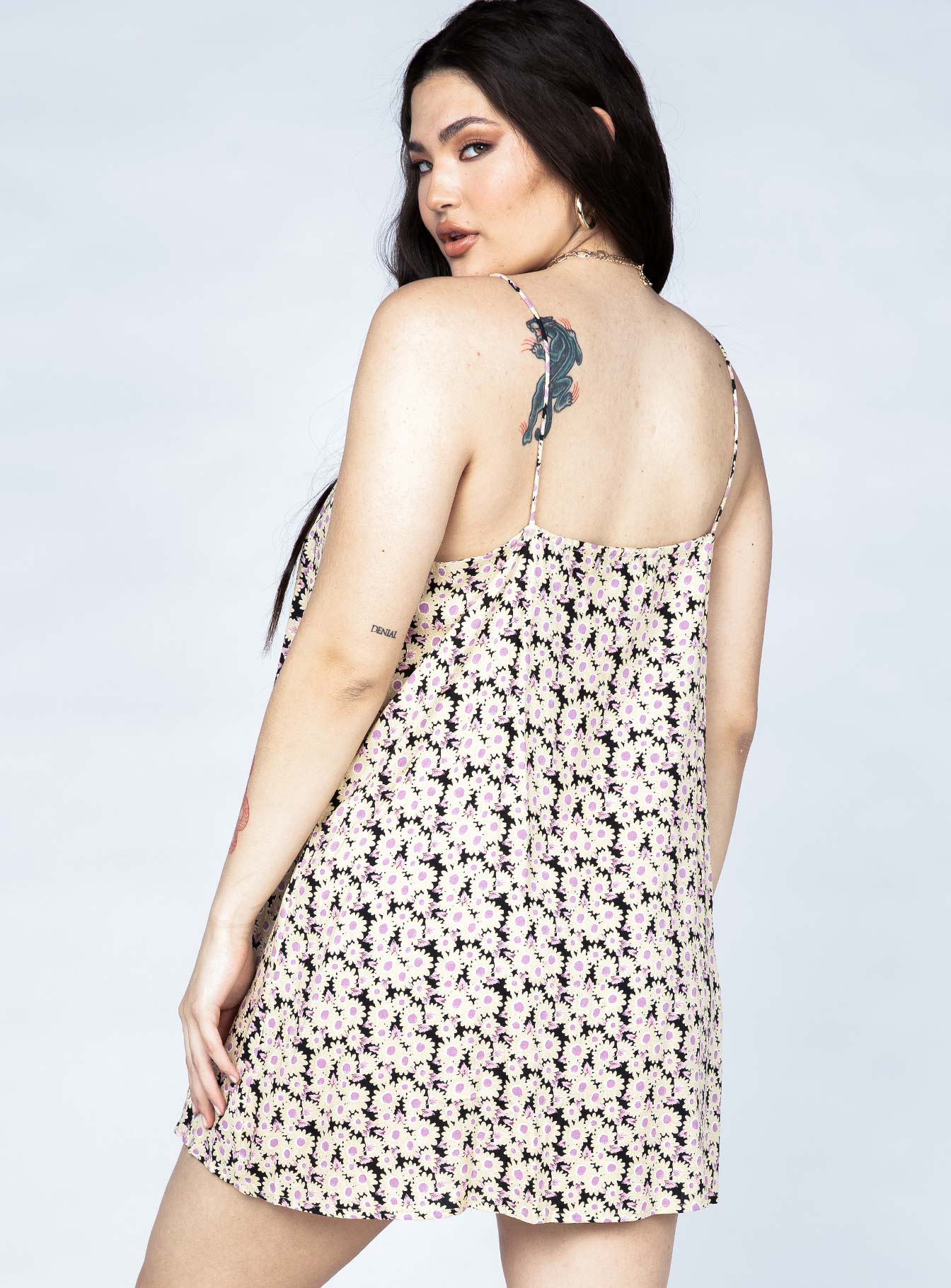 back view of model wearing Princess Polly Motel Akina Mini Dress Daisy Day Dream Cream 