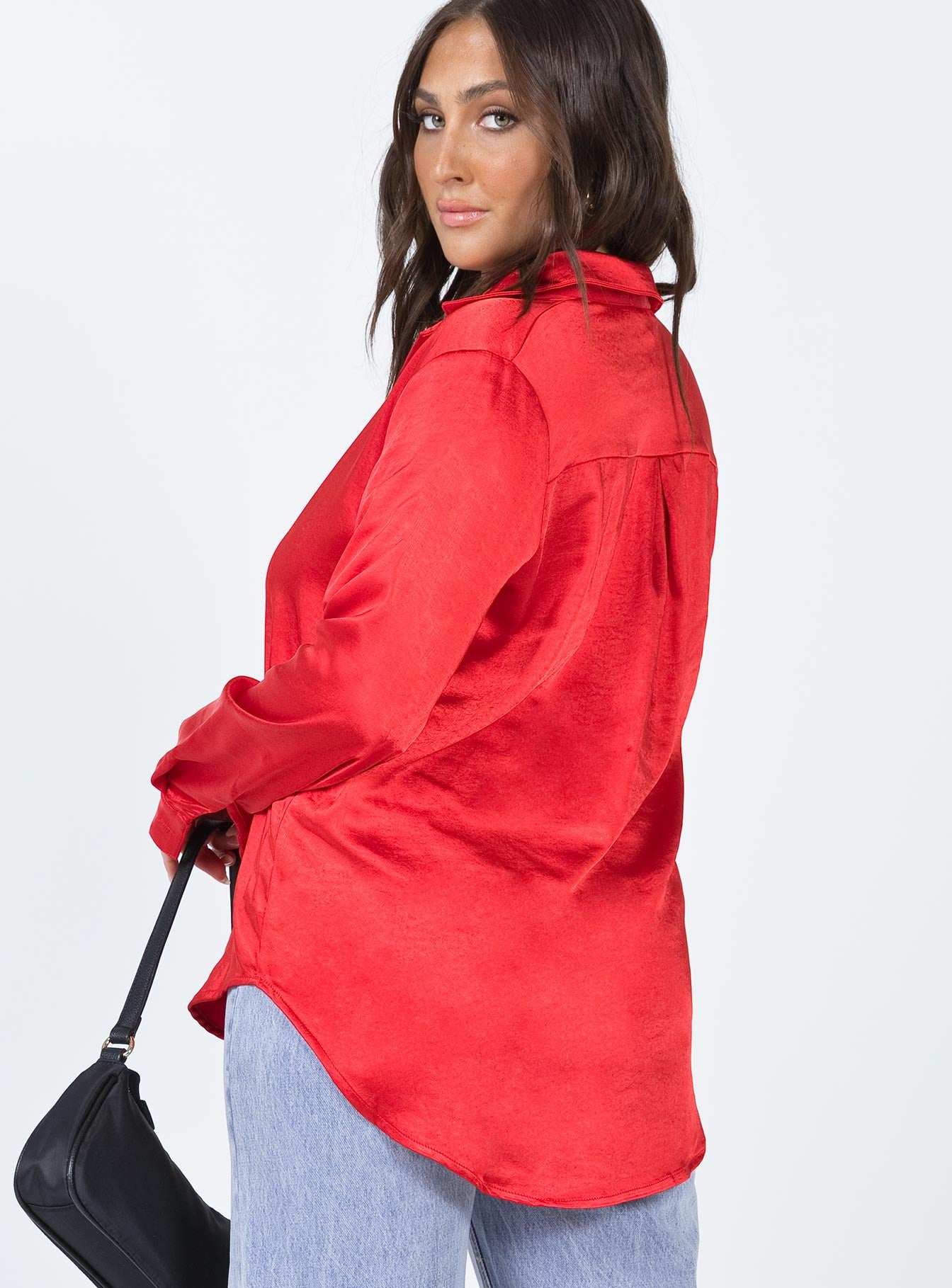 back view of model wearing Princess Polly Vintage Vibes Shirt Red 