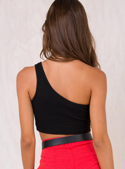 back view of model wearing Princess Polly Bellante One Shoulder Top Black 