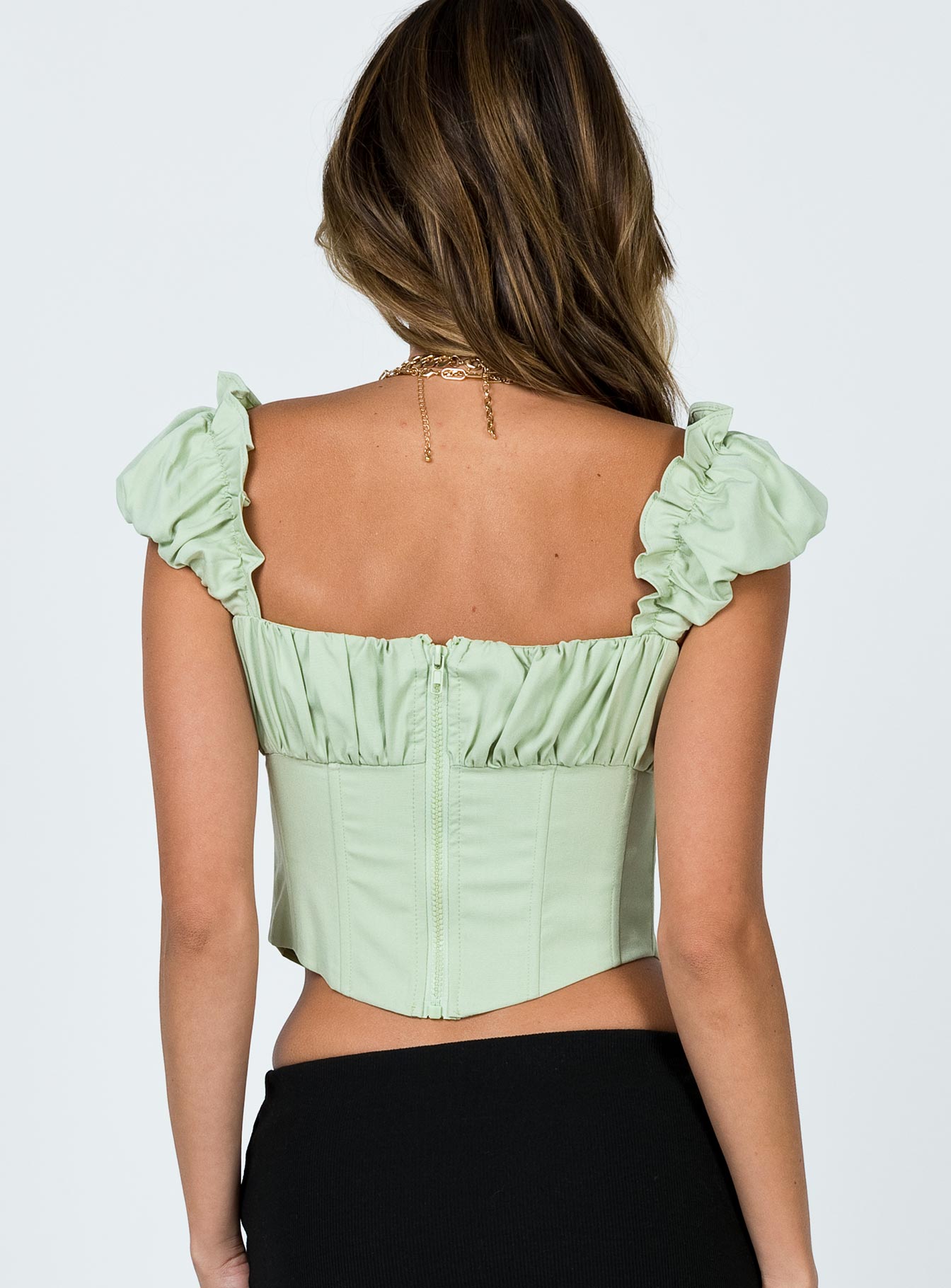 back view of model wearing Princess Polly Harry Top Green 