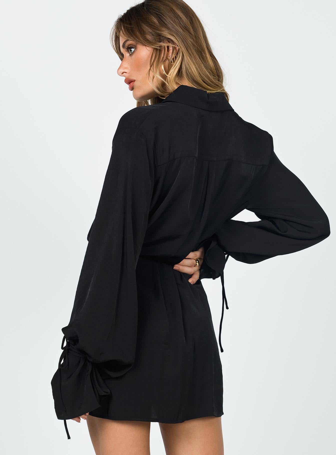 back view of model wearing Princess Polly Forbidden Mini Dress Black 